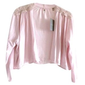 $148 Anthropologie Cardigan Medium 6 8 Pink Lace Shoulders Topper Sweater Bolero